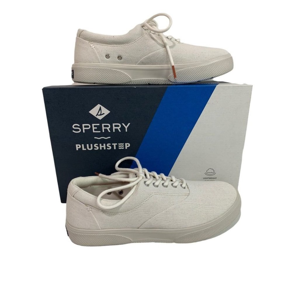 Size 7 Sperry PlushStep Men's New White Canvas Lace Up Sneakers Halyard STS25087